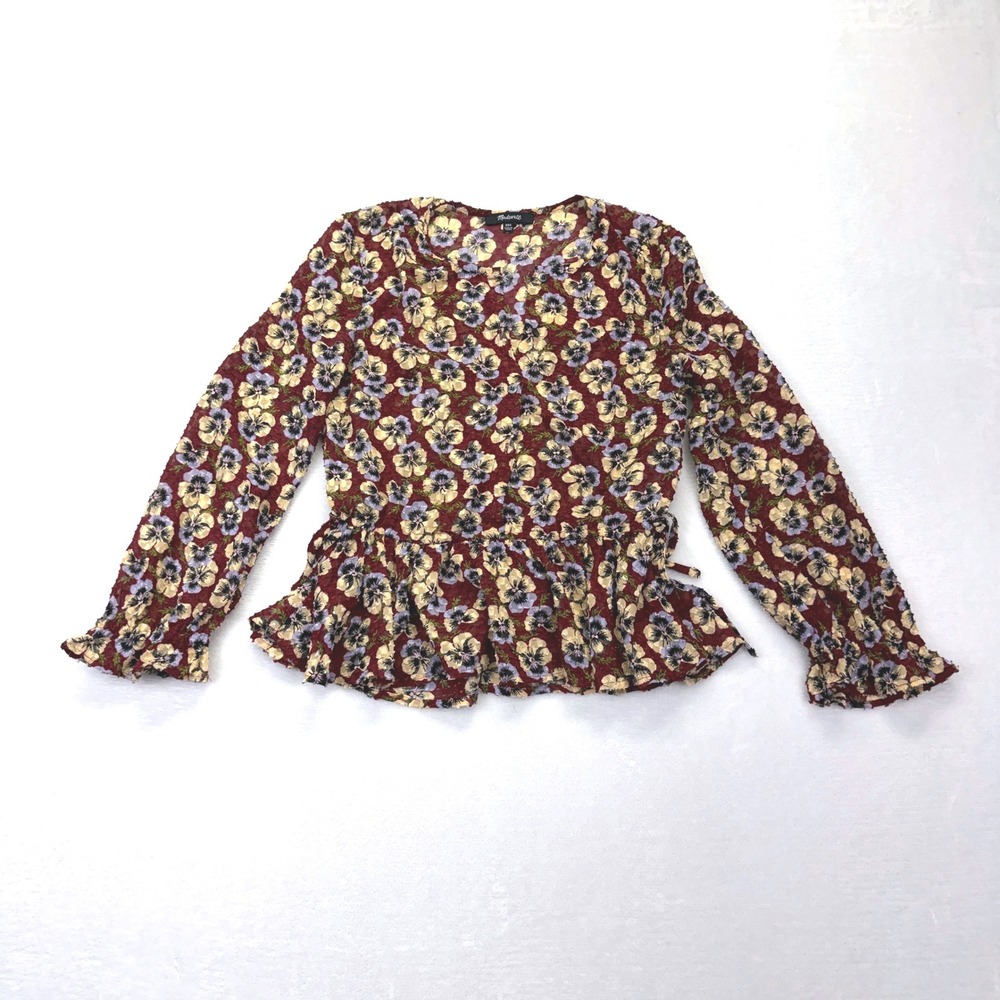 Madewell Floral Peplum Top Women XXS Burgundy Pansy Clip Side Tie Long Sleeve